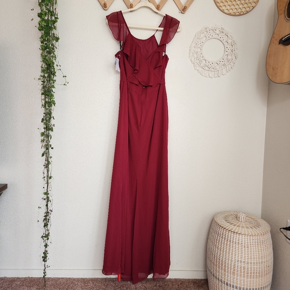 Dessy Collection Lux Chiffon Halter Back Ruffle Floor Dress In Burgundy 14 NWT - Picture 5 of 11